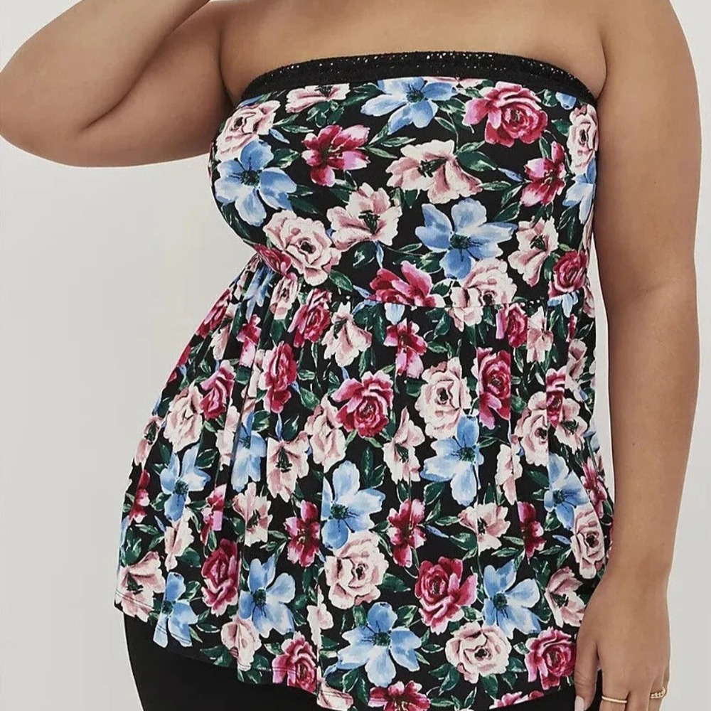 Torrid Super Soft Floral Tube Top Black Pink Blue Lace Trim Strapless Size 2X